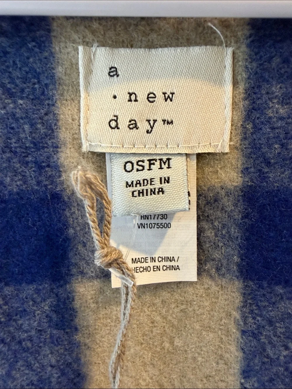 A New Day Buffalo Check Plaid Fringe Ruana Wrap in Blue, One Size NWT